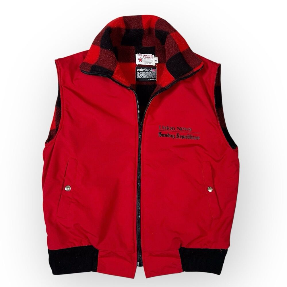 Vintage Polar Fleece Vest L Red Buffalo Plaid USA Made Workwear Union News Promo
